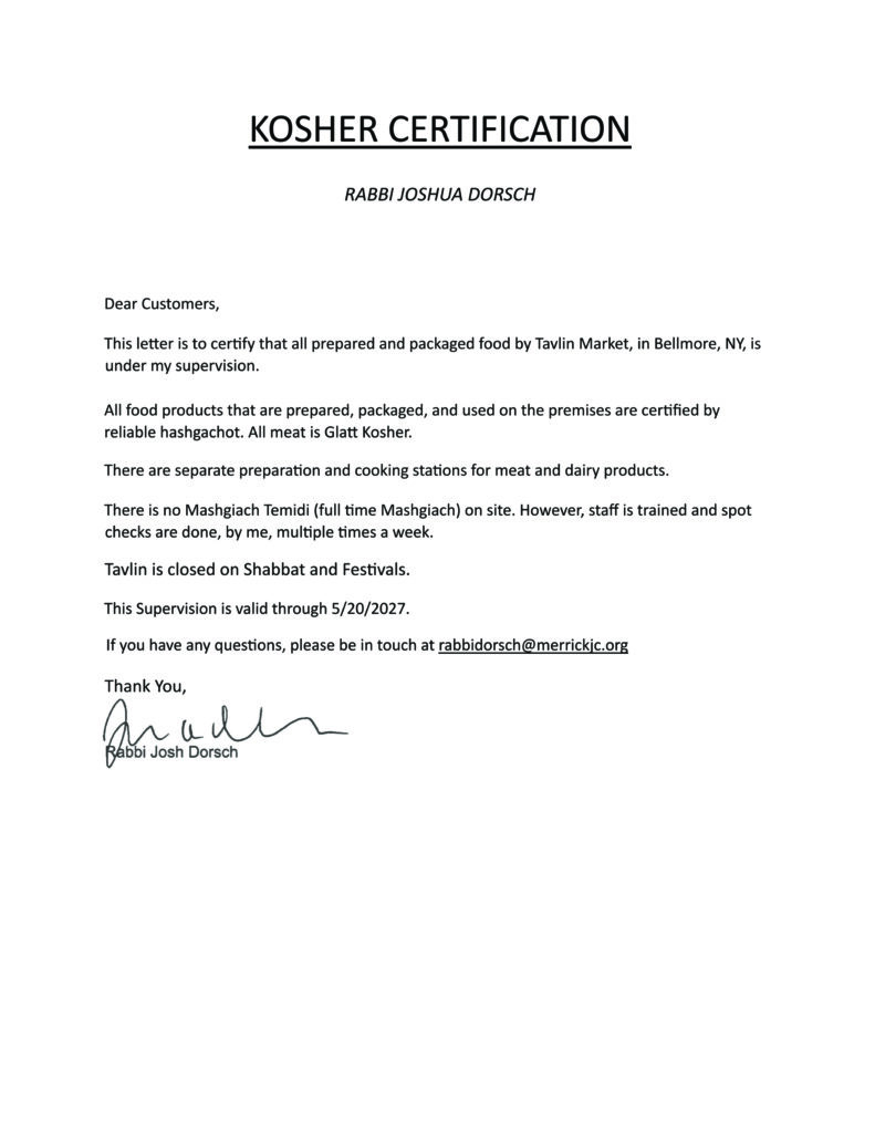Kosher Certificate Tavlin Market Bellmore NY